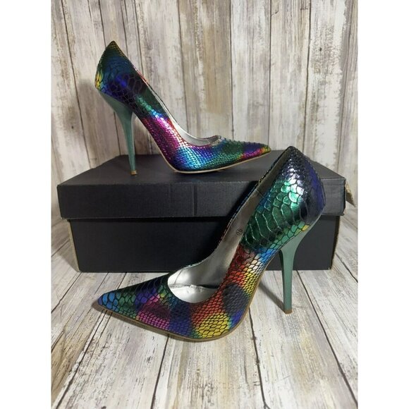 Miss Me Metallic Rainbow Snake Print Heels Pumps Colorful Size 7.5 - Picture 1 of 7